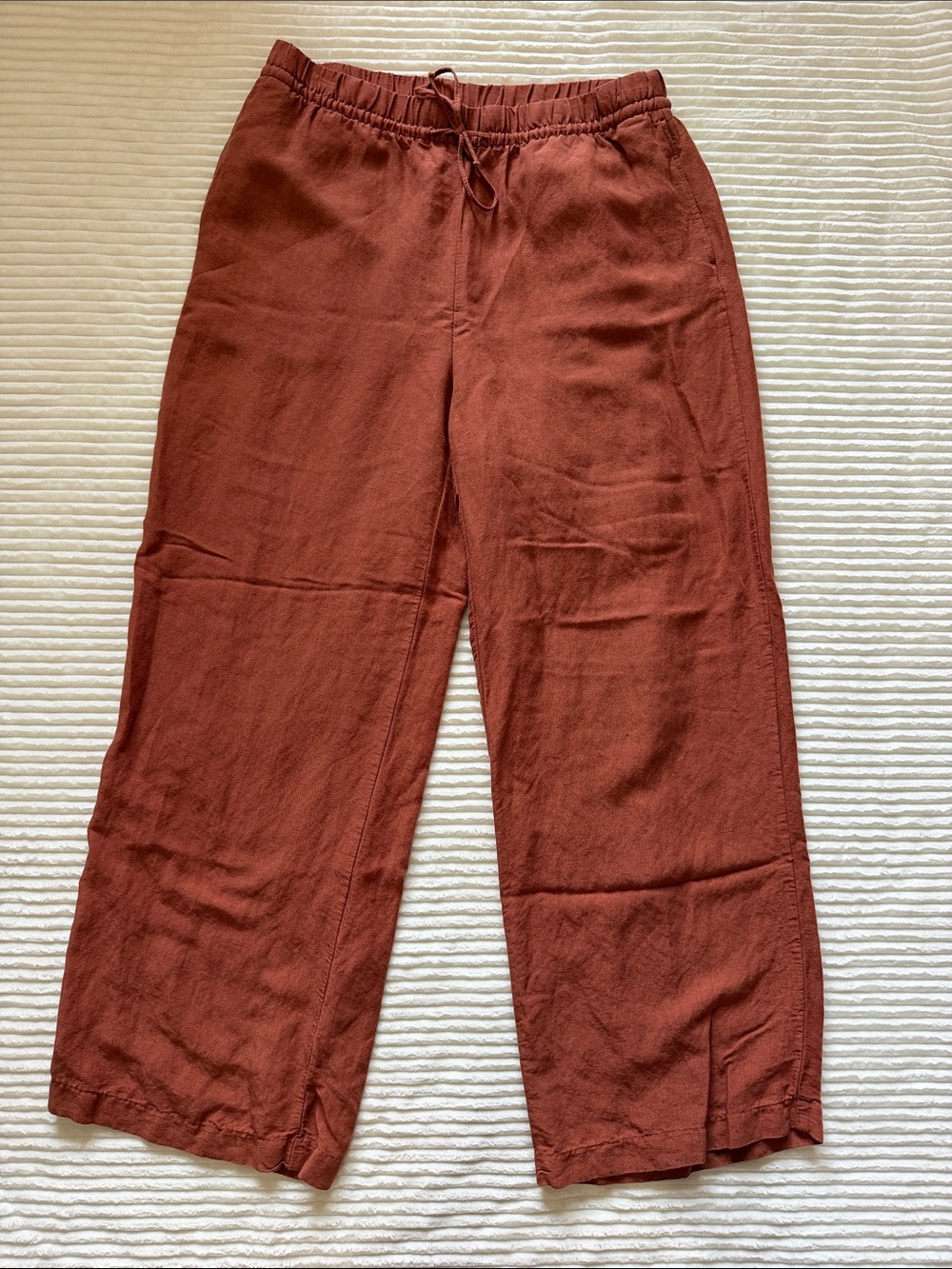 H&M Linen Blend Wide Leg Pants Pockets Drawstring Elastic Airy Flowy Rust M